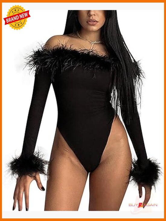 Other - Long Sleeve Off Shoulder Bodysuit with Feather Trim Slim Fit
